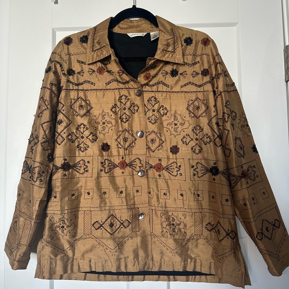 Laura Ashley Brown 100% Silk Embroidered  and Beaded Shirt Jacket